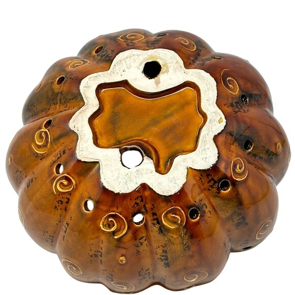 Glass Pumpkin Decorative Fall Halloween Art Swirls Metal Stem Leaves 6 x 5 - Picture 4 of 8